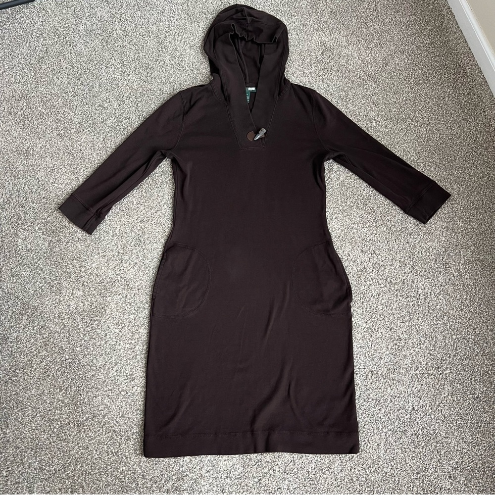 Lauren Ralph Lauren Brown Hooded Sweater Midi Dress 3/4 Sleeve, Size Medium‎